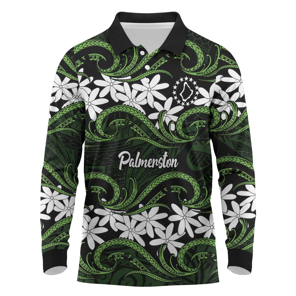 Personalised Cook Islands Palmerston Long Sleeve Polo Shirt Tiare Maori Polynesian Waves Tattoo