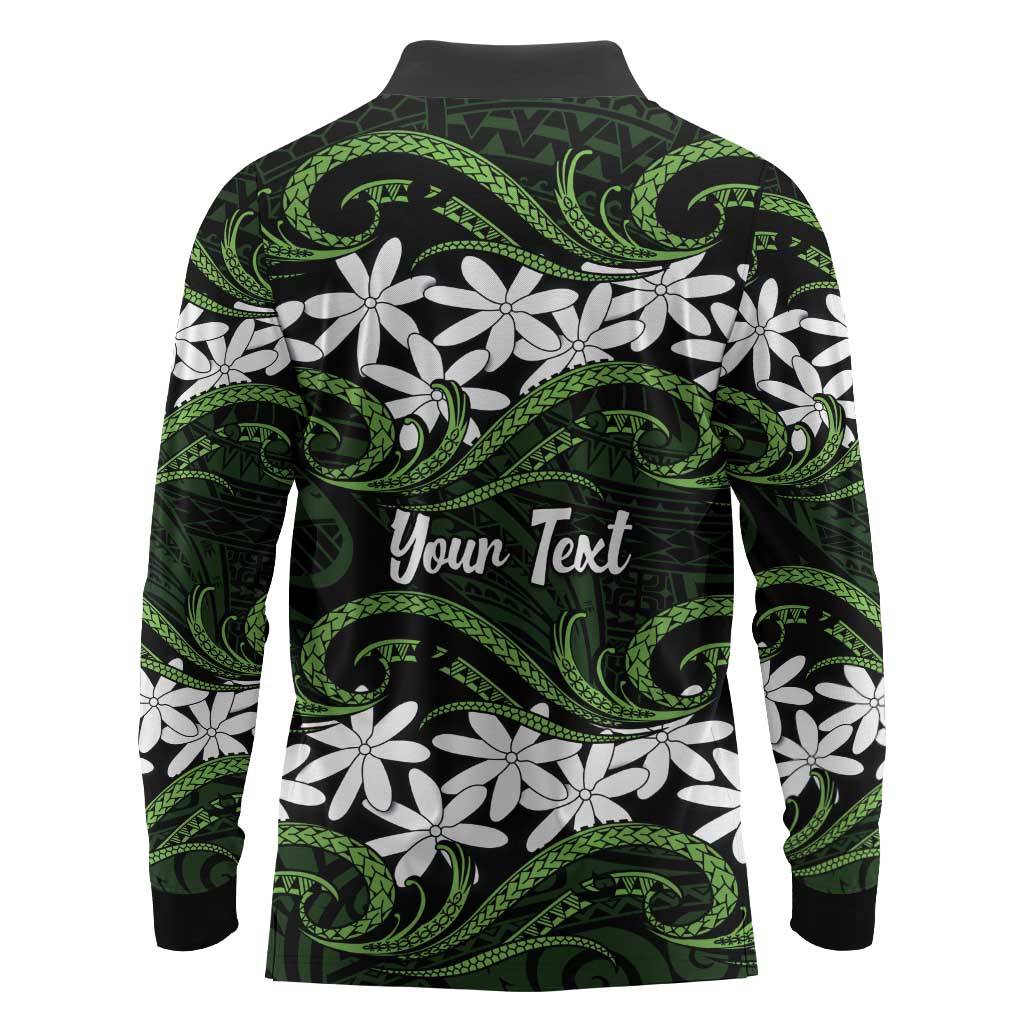 Personalised Cook Islands Palmerston Long Sleeve Polo Shirt Tiare Maori Polynesian Waves Tattoo