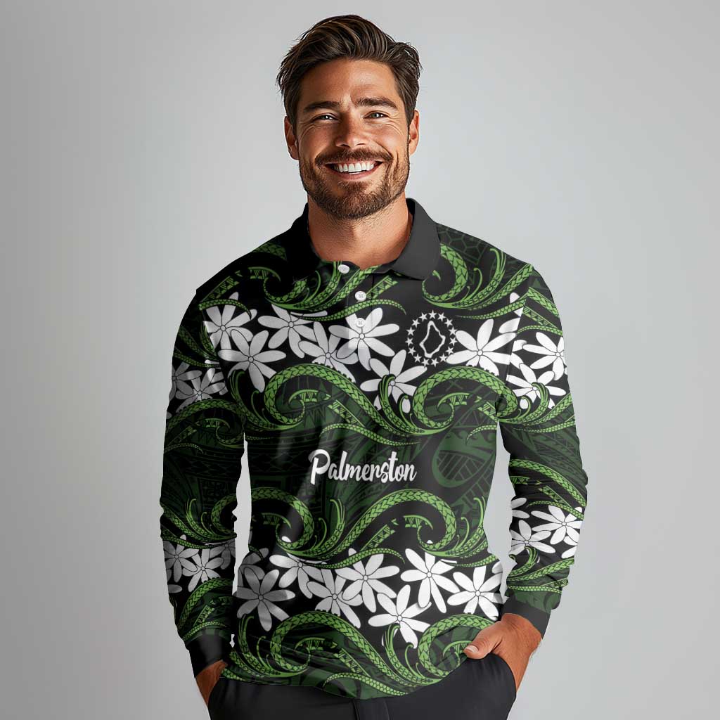 Personalised Cook Islands Palmerston Long Sleeve Polo Shirt Tiare Maori Polynesian Waves Tattoo