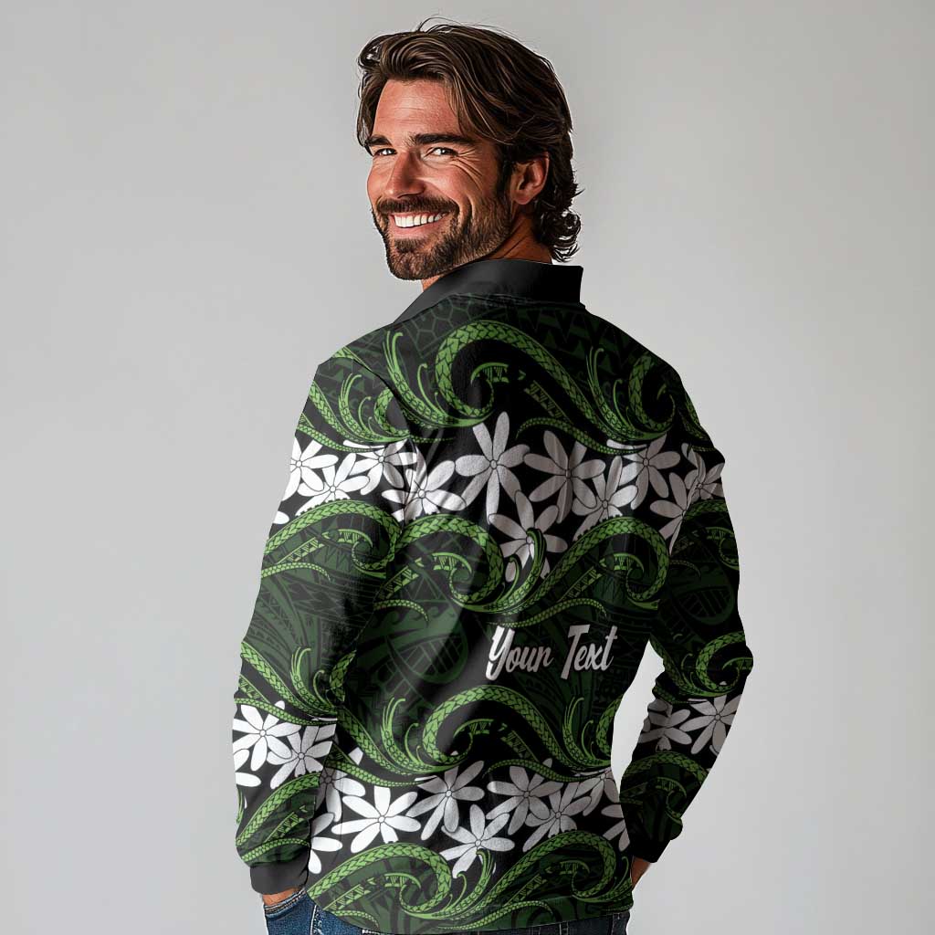 Personalised Cook Islands Palmerston Long Sleeve Polo Shirt Tiare Maori Polynesian Waves Tattoo