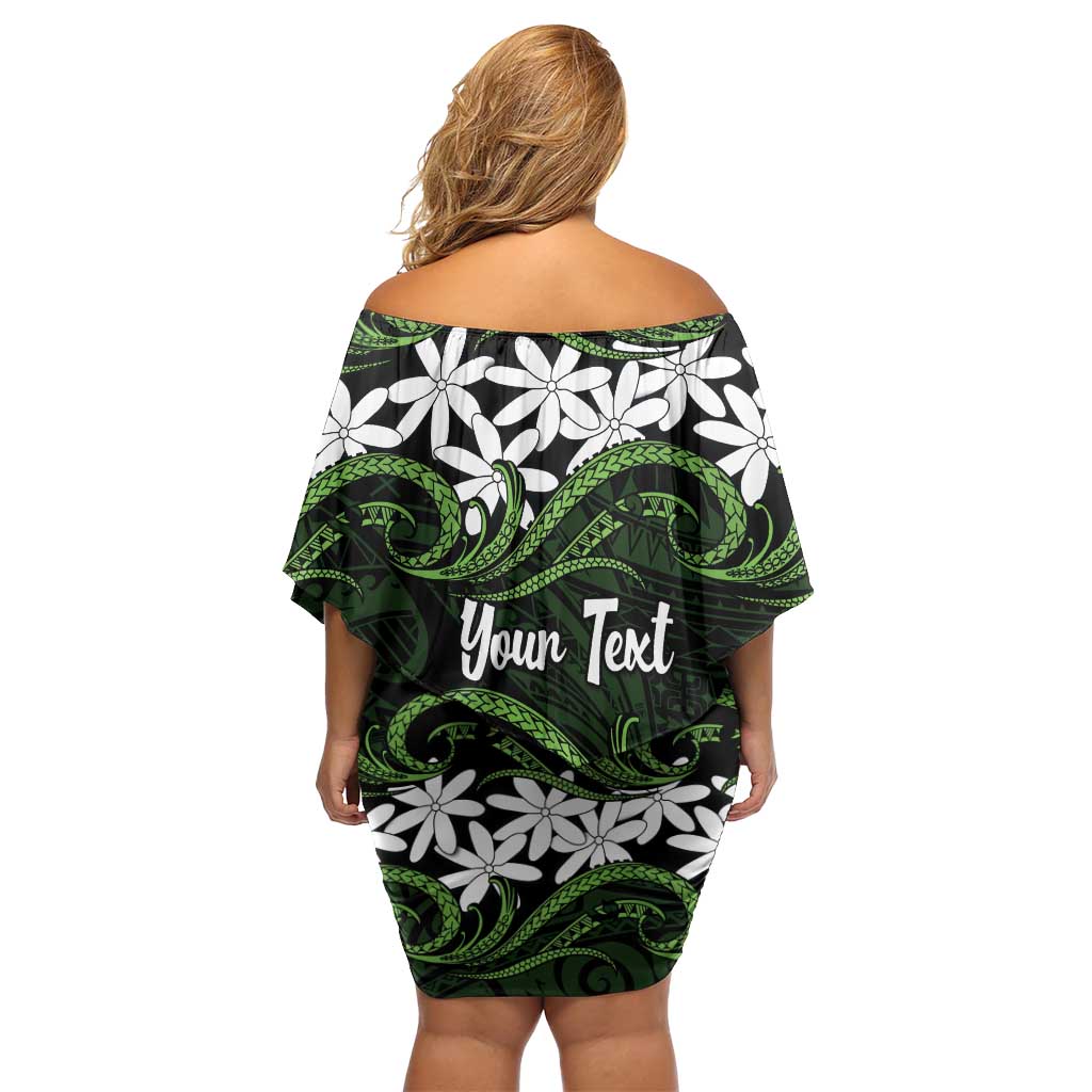 Personalised Cook Islands Palmerston Off Shoulder Short Dress Tiare Maori Polynesian Waves Tattoo