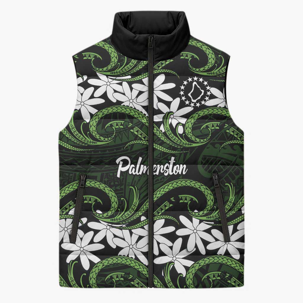 Personalised Cook Islands Palmerston Sleeveless Puffer Jacket Tiare Maori Polynesian Waves Tattoo