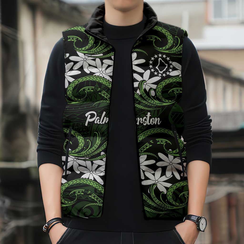 Personalised Cook Islands Palmerston Sleeveless Puffer Jacket Tiare Maori Polynesian Waves Tattoo