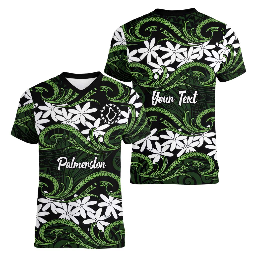 Personalised Cook Islands Palmerston Women V-Neck T-Shirt Tiare Maori Polynesian Waves Tattoo LT14 - Polynesian Pride