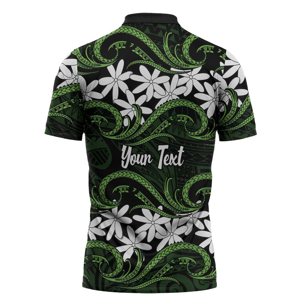Personalised Cook Islands Palmerston Zipper Polo Shirt Tiare Maori Polynesian Waves Tattoo