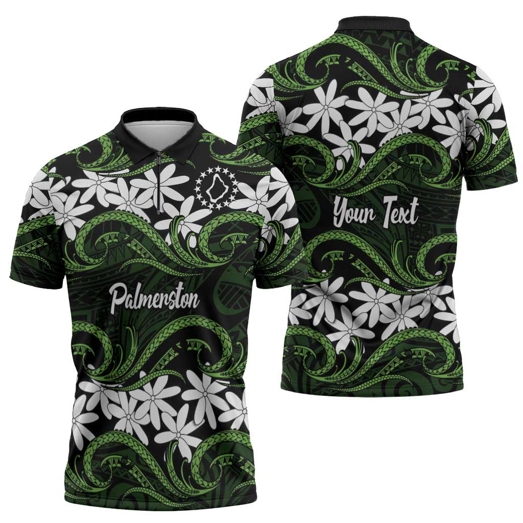 Personalised Cook Islands Palmerston Zipper Polo Shirt Tiare Maori Polynesian Waves Tattoo