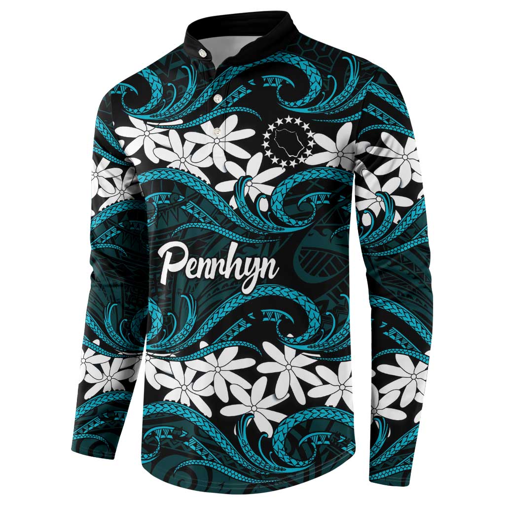 Personalised Cook Islands Penrhyn Atoll Button Sweatshirt Tiare Maori Polynesian Waves Tattoo