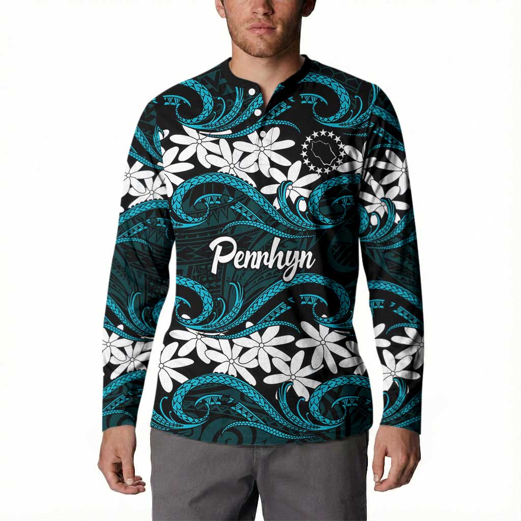 Personalised Cook Islands Penrhyn Atoll Button Sweatshirt Tiare Maori Polynesian Waves Tattoo