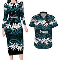 Personalised Cook Islands Penrhyn Atoll Couples Matching Long Sleeve Bodycon Dress and Hawaiian Shirt Tiare Maori Polynesian Waves Tattoo LT14 Blue - Polynesian Pride