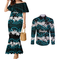 Personalised Cook Islands Penrhyn Atoll Couples Matching Mermaid Dress and Long Sleeve Button Shirt Tiare Maori Polynesian Waves Tattoo LT14 Blue - Polynesian Pride