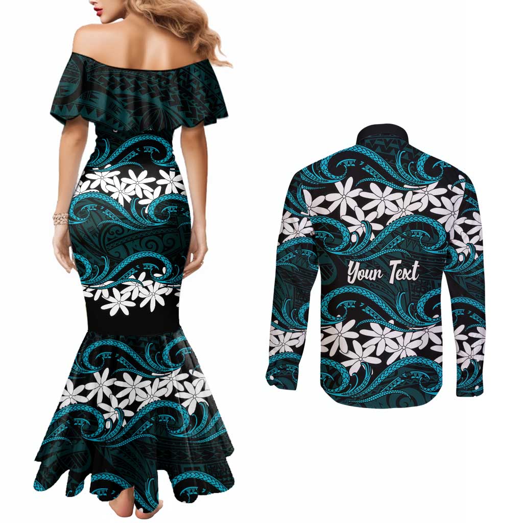 Personalised Cook Islands Penrhyn Atoll Couples Matching Mermaid Dress and Long Sleeve Button Shirt Tiare Maori Polynesian Waves Tattoo LT14 - Polynesian Pride