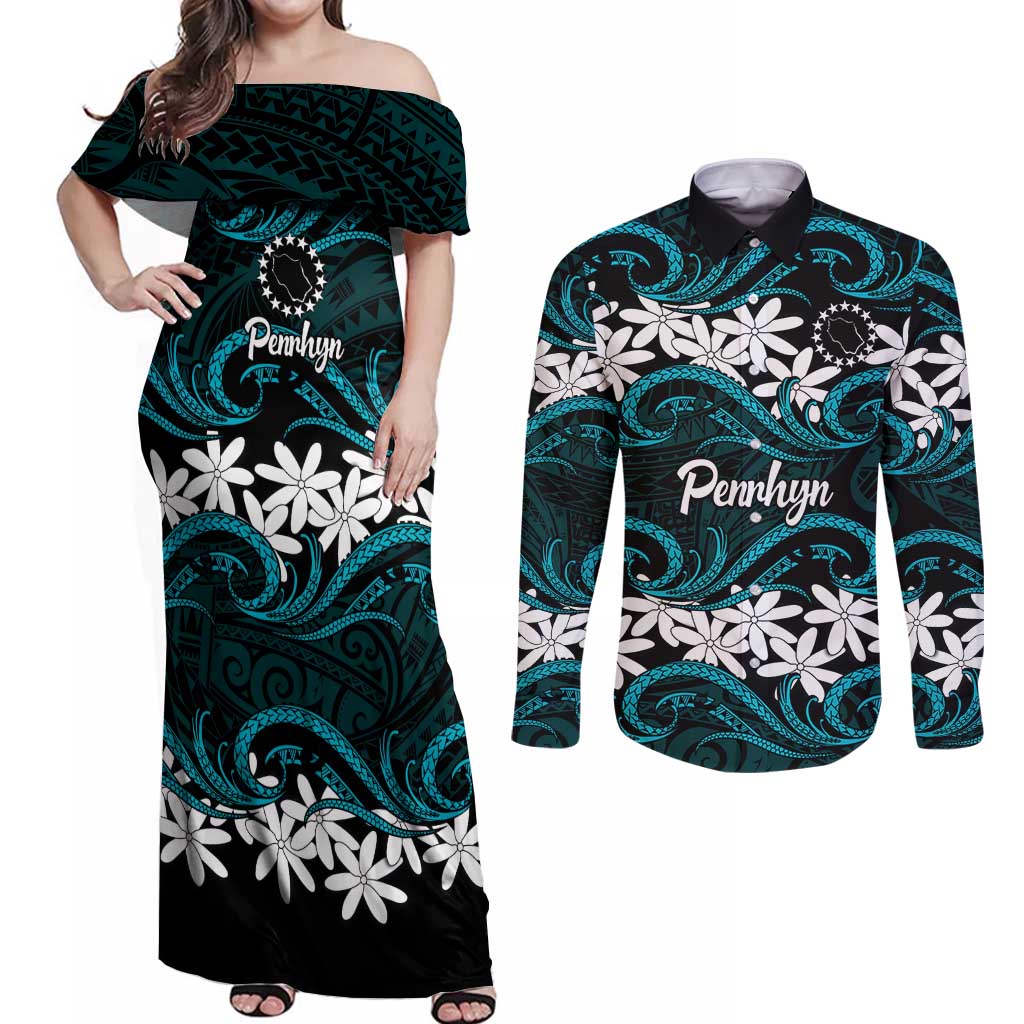 Personalised Cook Islands Penrhyn Atoll Couples Matching Off Shoulder Maxi Dress and Long Sleeve Button Shirt Tiare Maori Polynesian Waves Tattoo LT14 Blue - Polynesian Pride
