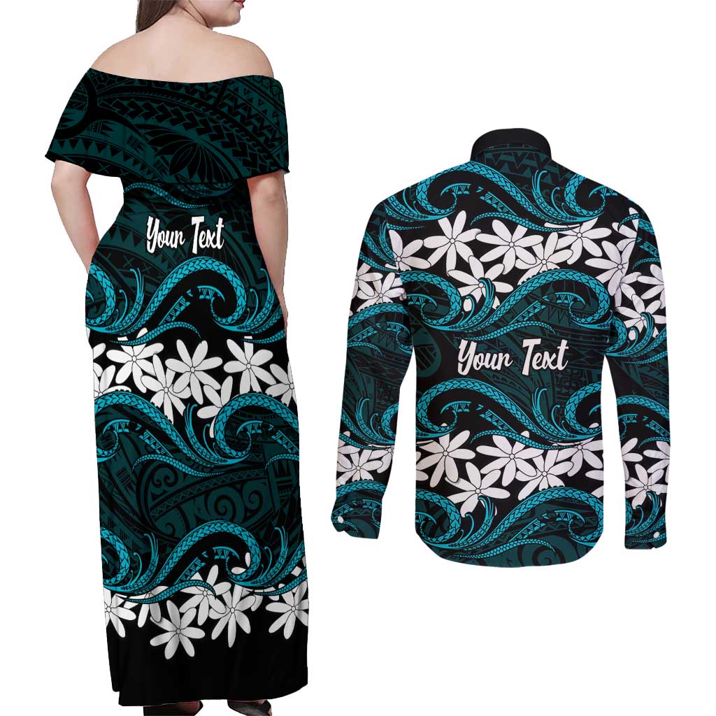 Personalised Cook Islands Penrhyn Atoll Couples Matching Off Shoulder Maxi Dress and Long Sleeve Button Shirt Tiare Maori Polynesian Waves Tattoo LT14 - Polynesian Pride