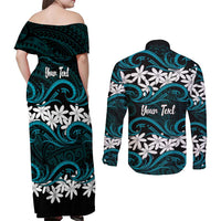 Personalised Cook Islands Penrhyn Atoll Couples Matching Off Shoulder Maxi Dress and Long Sleeve Button Shirt Tiare Maori Polynesian Waves Tattoo LT14 - Polynesian Pride