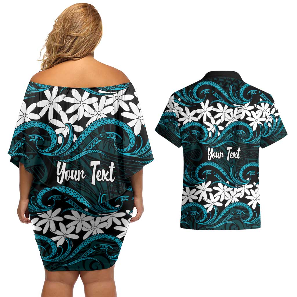 Personalised Cook Islands Penrhyn Atoll Couples Matching Off Shoulder Short Dress and Hawaiian Shirt Tiare Maori Polynesian Waves Tattoo LT14 - Polynesian Pride