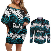 Personalised Cook Islands Penrhyn Atoll Couples Matching Off Shoulder Short Dress and Long Sleeve Button Shirt Tiare Maori Polynesian Waves Tattoo LT14 Blue - Polynesian Pride