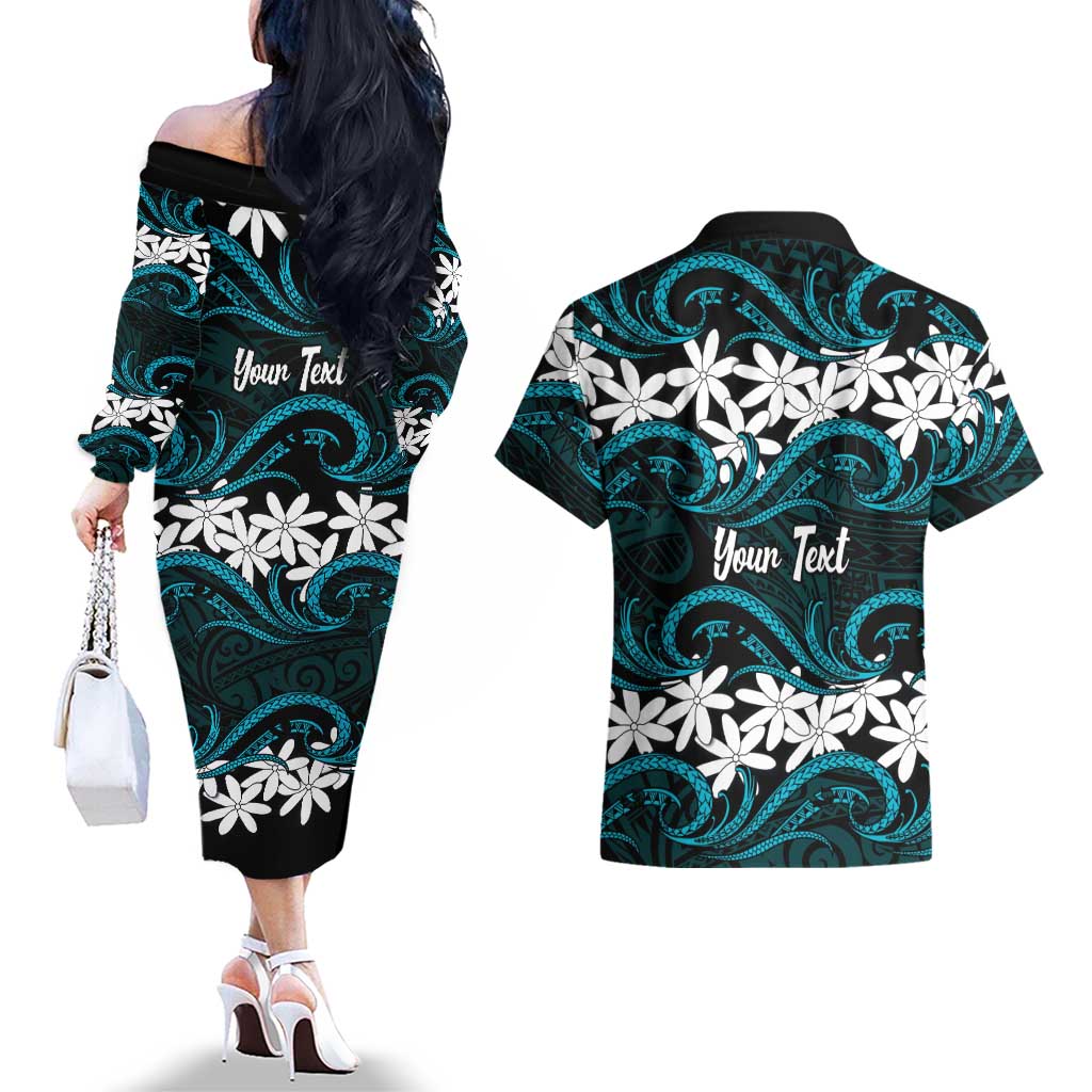 Personalised Cook Islands Penrhyn Atoll Couples Matching Off The Shoulder Long Sleeve Dress and Hawaiian Shirt Tiare Maori Polynesian Waves Tattoo LT14 - Polynesian Pride