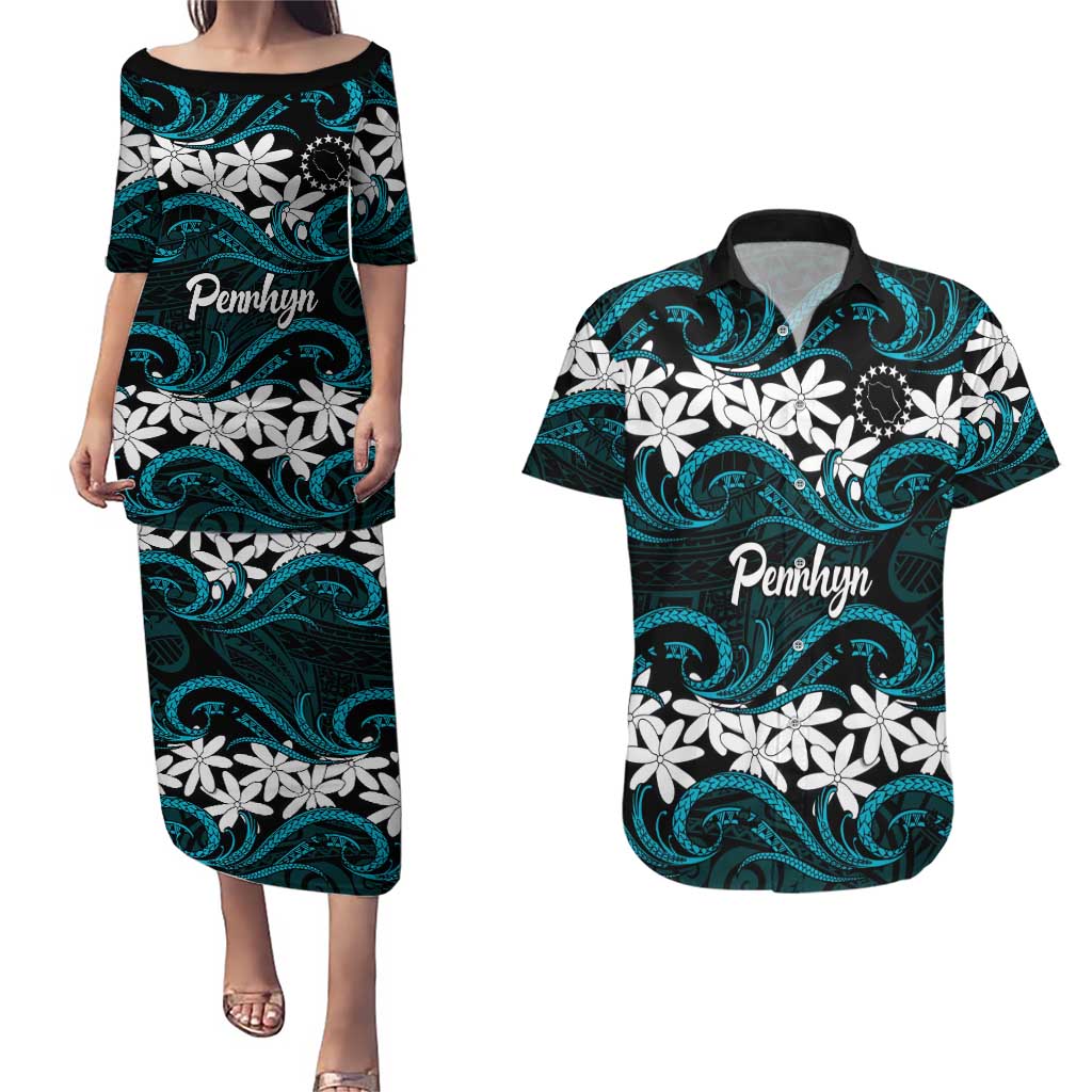Personalised Cook Islands Penrhyn Atoll Couples Matching Puletasi and Hawaiian Shirt Tiare Maori Polynesian Waves Tattoo