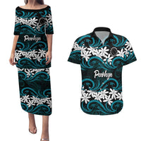 Personalised Cook Islands Penrhyn Atoll Couples Matching Puletasi and Hawaiian Shirt Tiare Maori Polynesian Waves Tattoo LT14 Blue - Polynesian Pride