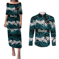 Personalised Cook Islands Penrhyn Atoll Couples Matching Puletasi and Long Sleeve Button Shirt Tiare Maori Polynesian Waves Tattoo LT14 Blue - Polynesian Pride