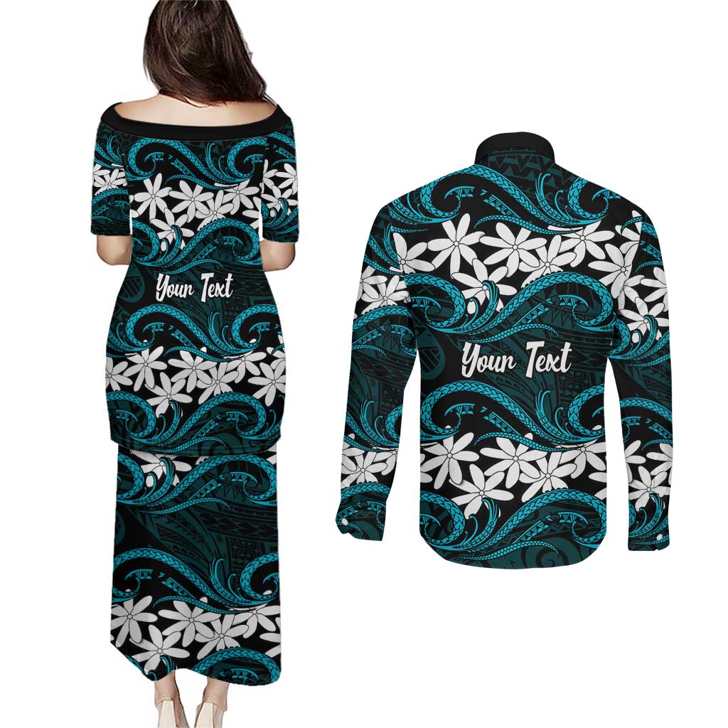 Personalised Cook Islands Penrhyn Atoll Couples Matching Puletasi and Long Sleeve Button Shirt Tiare Maori Polynesian Waves Tattoo LT14 - Polynesian Pride