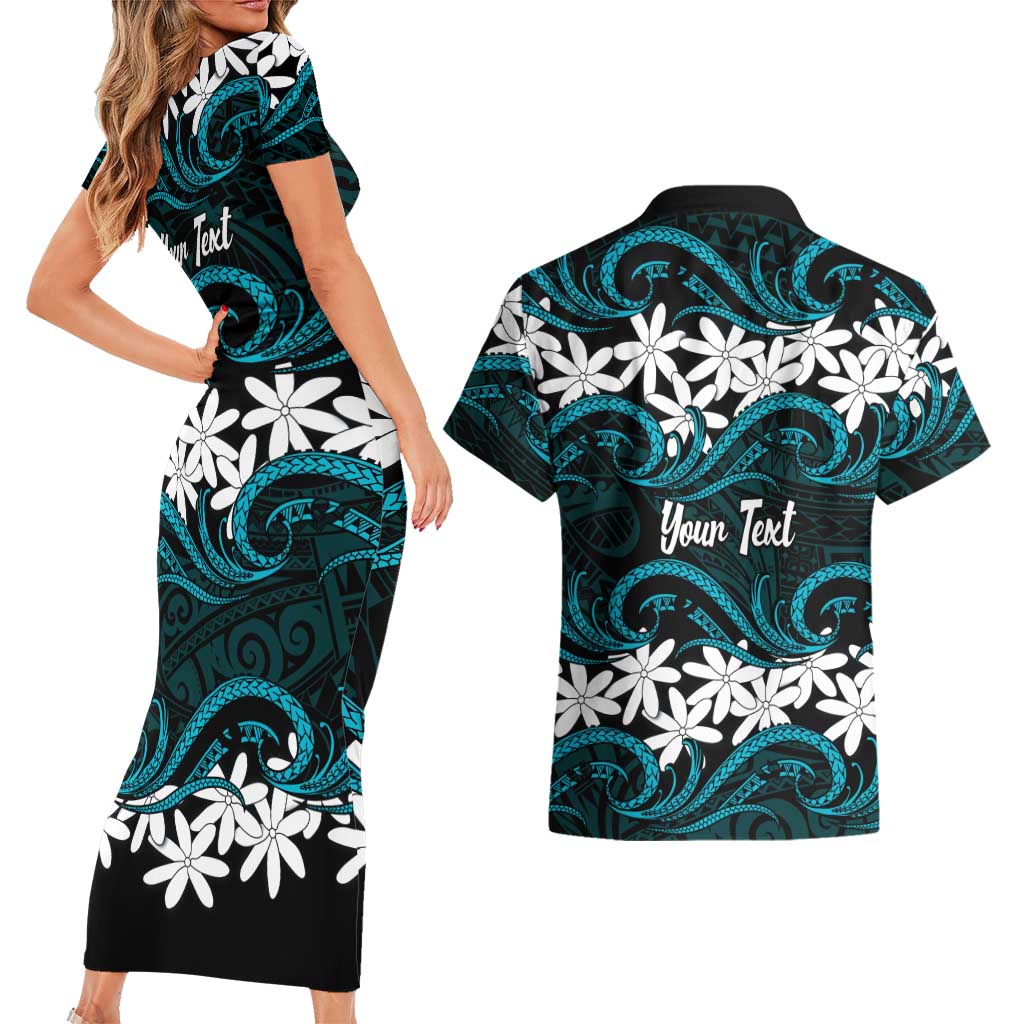 Personalised Cook Islands Penrhyn Atoll Couples Matching Short Sleeve Bodycon Dress and Hawaiian Shirt Tiare Maori Polynesian Waves Tattoo LT14 - Polynesian Pride