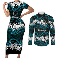 Personalised Cook Islands Penrhyn Atoll Couples Matching Short Sleeve Bodycon Dress and Long Sleeve Button Shirt Tiare Maori Polynesian Waves Tattoo LT14 Blue - Polynesian Pride