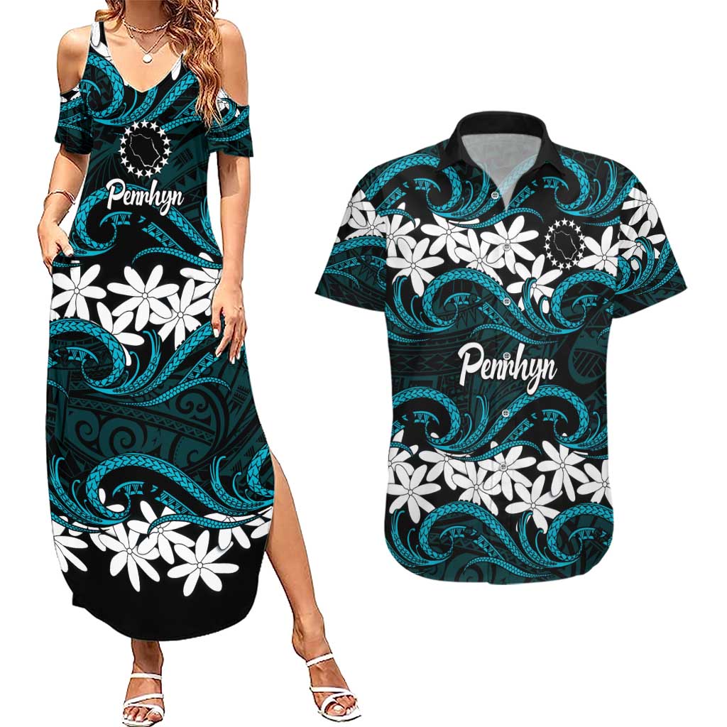 Personalised Cook Islands Penrhyn Atoll Couples Matching Summer Maxi Dress and Hawaiian Shirt Tiare Maori Polynesian Waves Tattoo LT14 Blue - Polynesian Pride