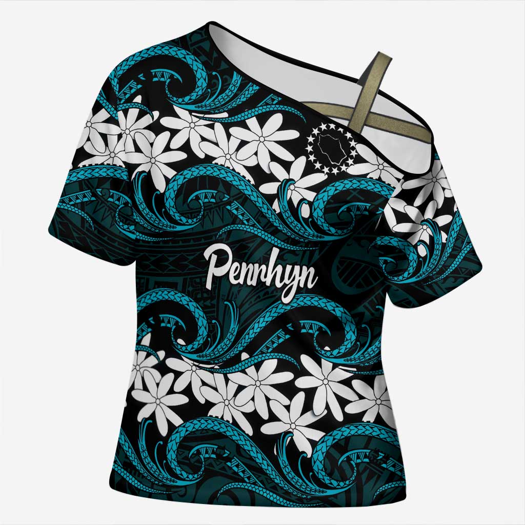Personalised Cook Islands Penrhyn Atoll Cross Shoulder Shirt Tiare Maori Polynesian Waves Tattoo