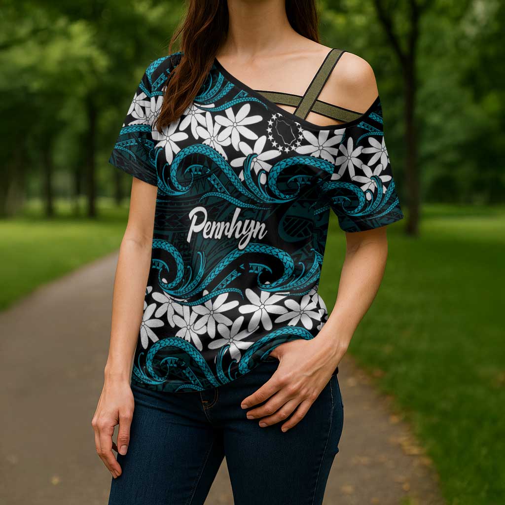 Personalised Cook Islands Penrhyn Atoll Cross Shoulder Shirt Tiare Maori Polynesian Waves Tattoo