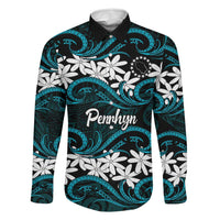 Personalised Cook Islands Penrhyn Atoll Family Matching Off The Shoulder Long Sleeve Dress and Hawaiian Shirt Tiare Maori Polynesian Waves Tattoo LT14 Dad's Shirt - Long Sleeve Blue - Polynesian Pride