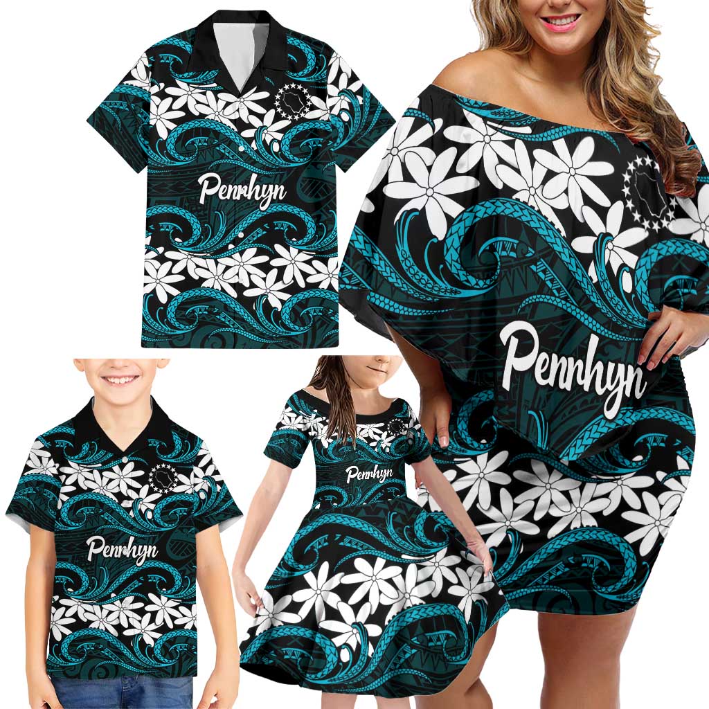 Personalised Cook Islands Penrhyn Atoll Family Matching Off Shoulder Short Dress and Hawaiian Shirt Tiare Maori Polynesian Waves Tattoo LT14 - Polynesian Pride