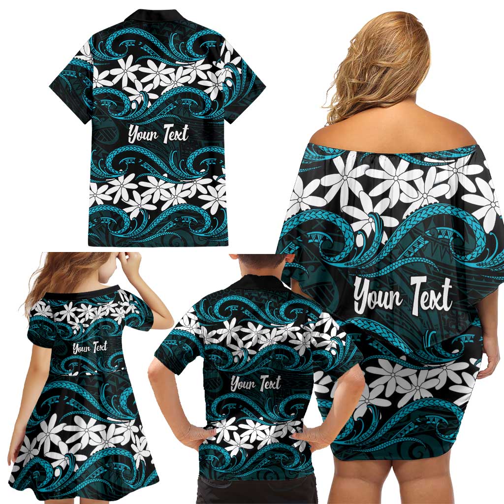 Personalised Cook Islands Penrhyn Atoll Family Matching Off Shoulder Short Dress and Hawaiian Shirt Tiare Maori Polynesian Waves Tattoo LT14 - Polynesian Pride