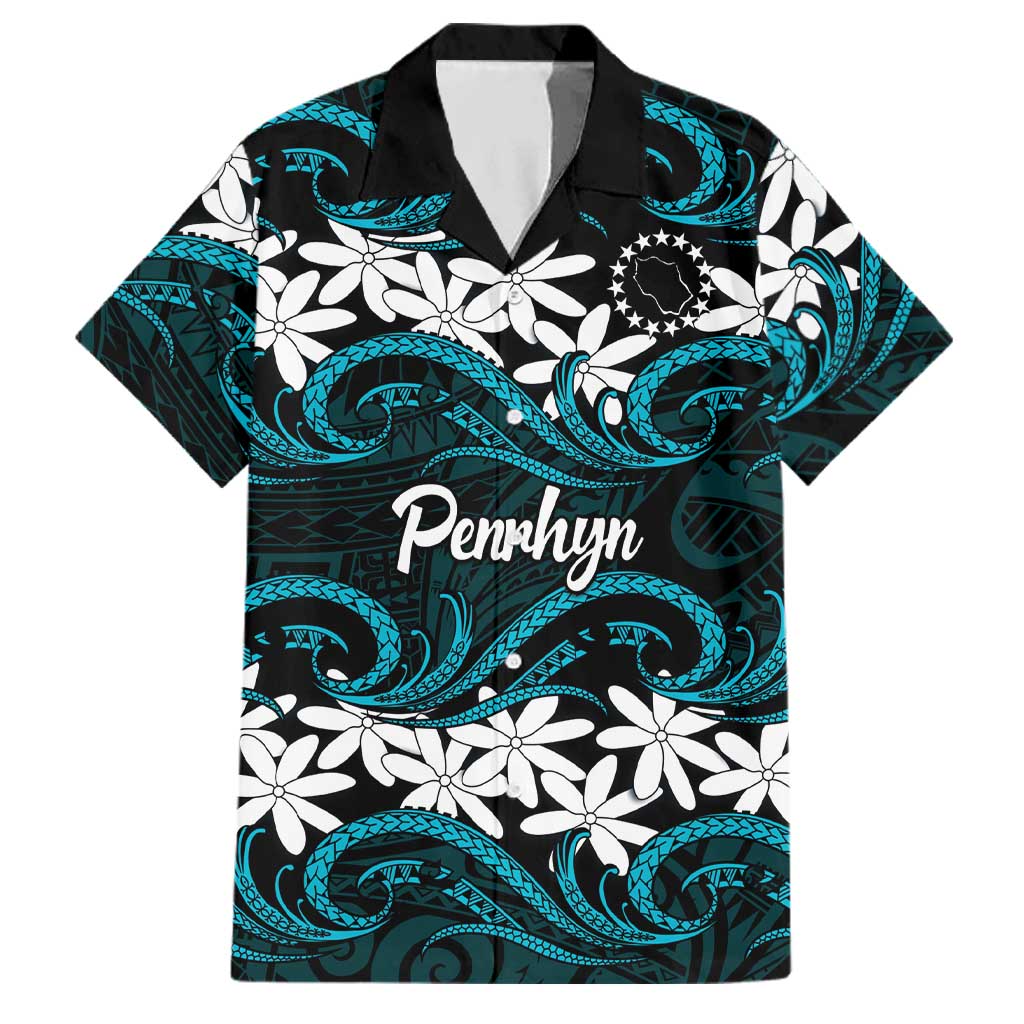 Personalised Cook Islands Penrhyn Atoll Family Matching Off Shoulder Short Dress and Hawaiian Shirt Tiare Maori Polynesian Waves Tattoo LT14 Dad's Shirt - Short Sleeve Blue - Polynesian Pride