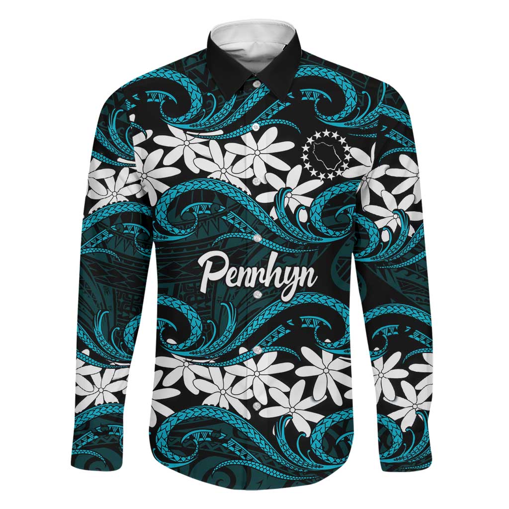Personalised Cook Islands Penrhyn Atoll Family Matching Off Shoulder Short Dress and Hawaiian Shirt Tiare Maori Polynesian Waves Tattoo LT14 Dad's Shirt - Long Sleeve Blue - Polynesian Pride