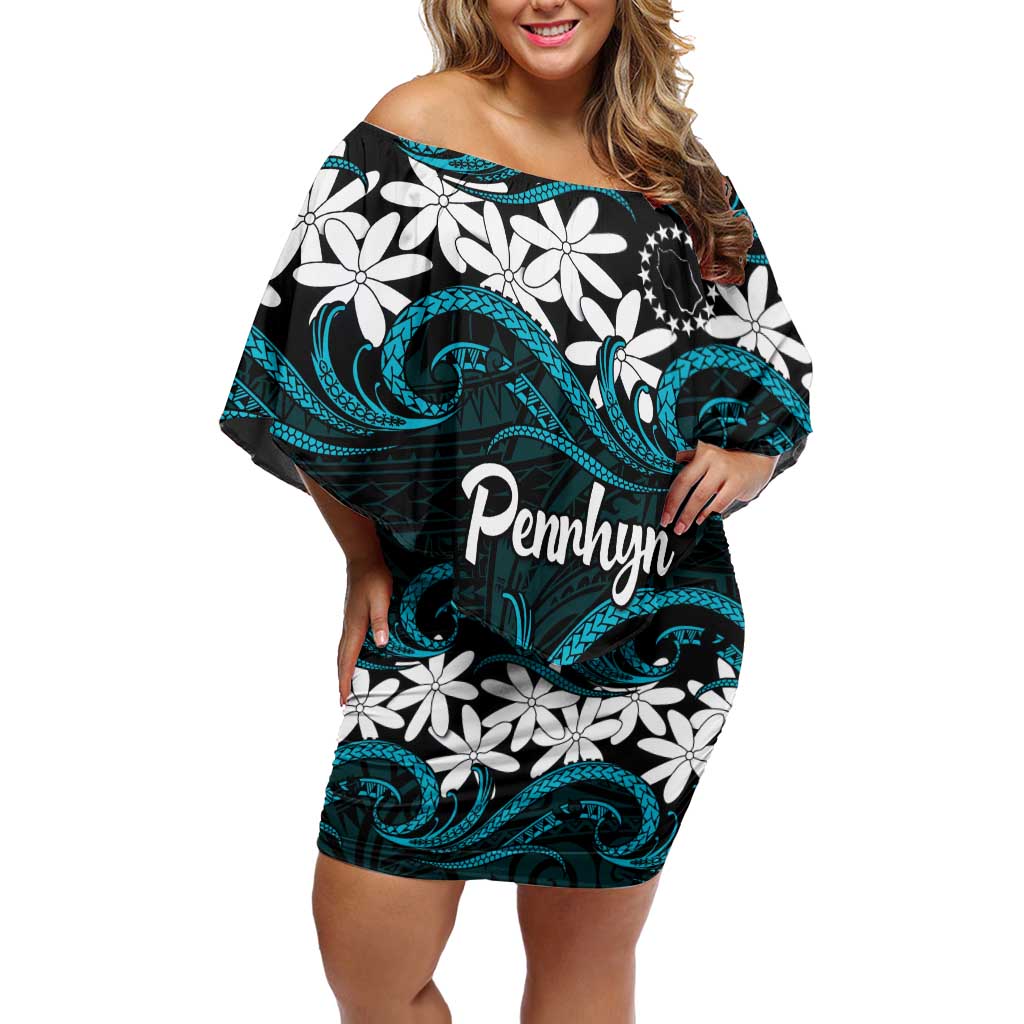 Personalised Cook Islands Penrhyn Atoll Family Matching Off Shoulder Short Dress and Hawaiian Shirt Tiare Maori Polynesian Waves Tattoo LT14 Mom's Dress Blue - Polynesian Pride