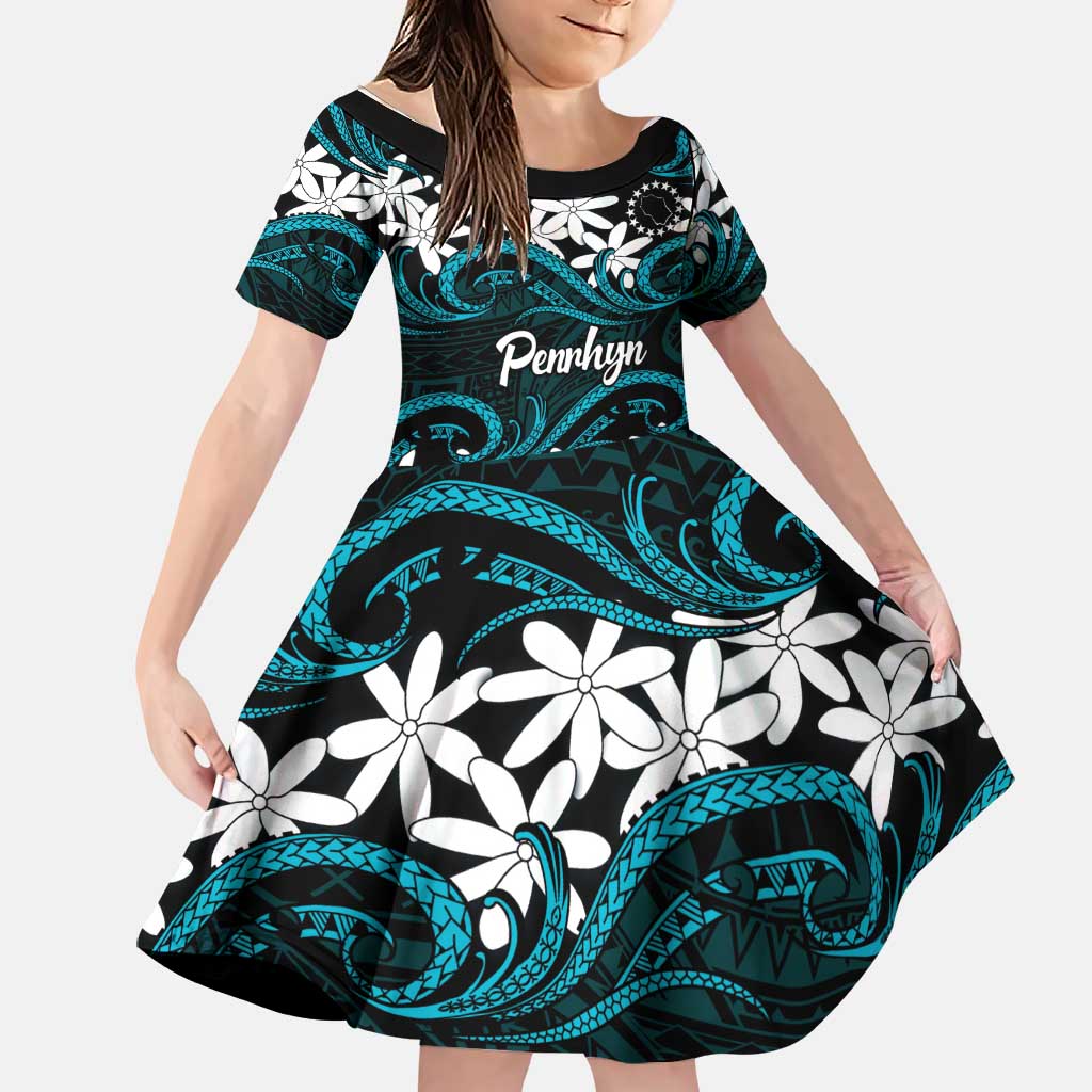Personalised Cook Islands Penrhyn Atoll Family Matching Summer Maxi Dress and Hawaiian Shirt Tiare Maori Polynesian Waves Tattoo LT14 Daughter's Dress Blue - Polynesian Pride
