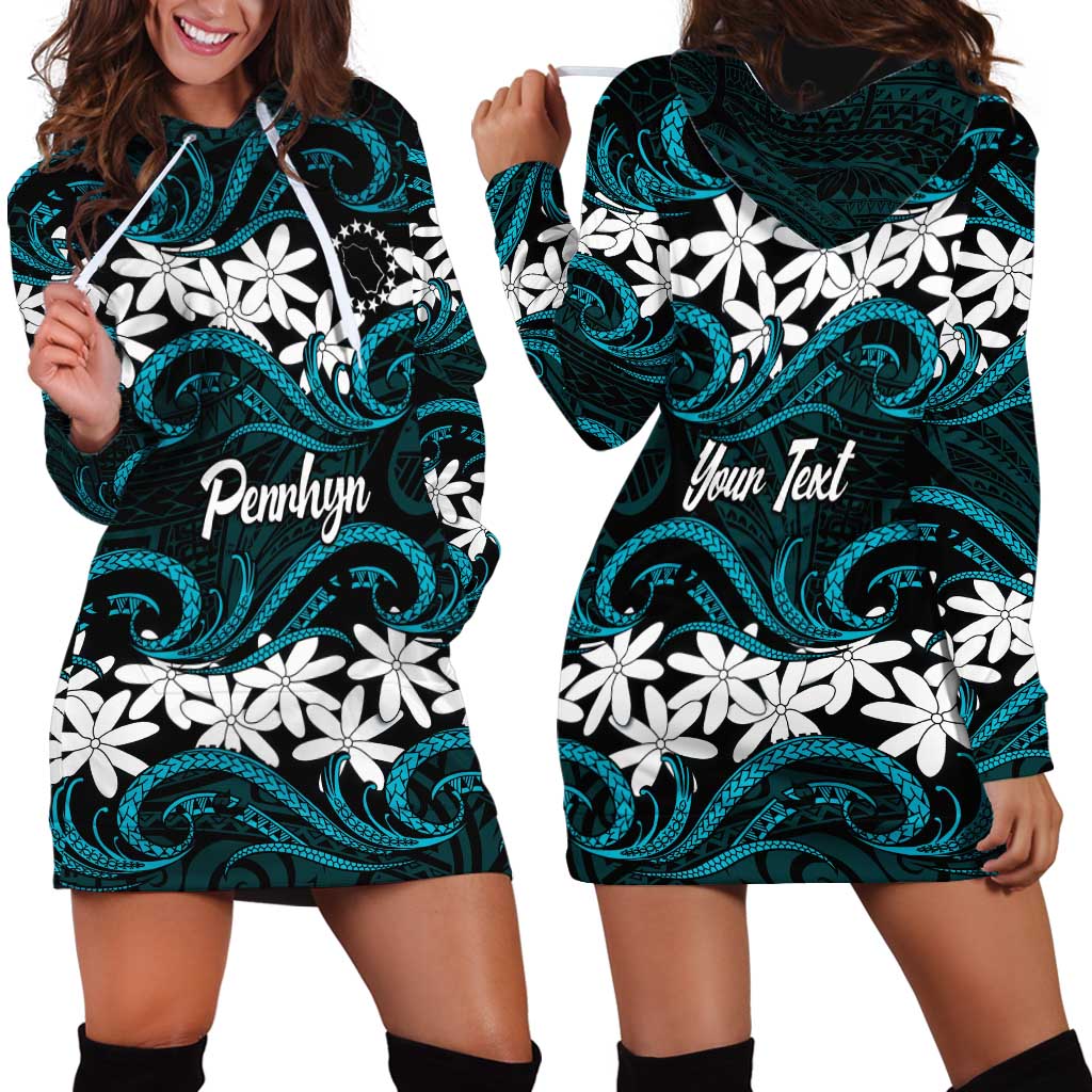 Personalised Cook Islands Penrhyn Atoll Hoodie Dress Tiare Maori Polynesian Waves Tattoo LT14 - Polynesian Pride