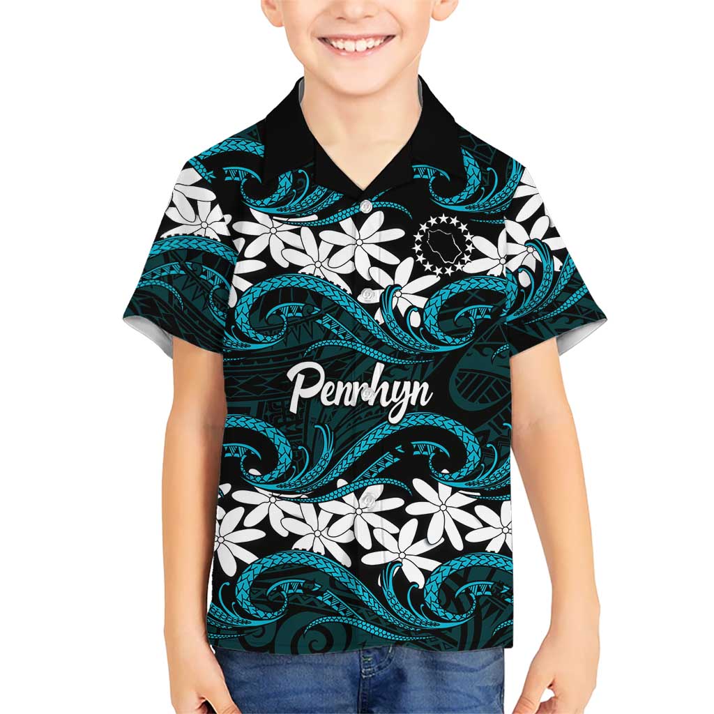 Personalised Cook Islands Penrhyn Atoll Kid Hawaiian Shirt Tiare Maori Polynesian Waves Tattoo