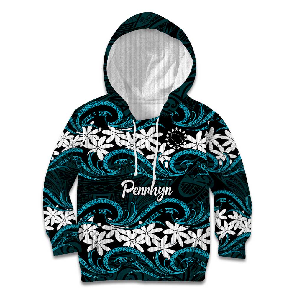 Personalised Cook Islands Penrhyn Atoll Kid Hoodie Tiare Maori Polynesian Waves Tattoo