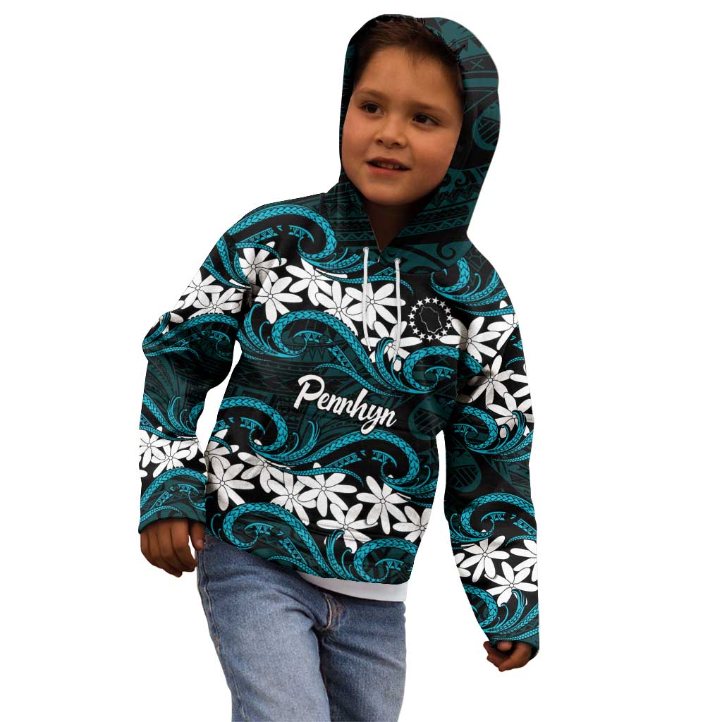 Personalised Cook Islands Penrhyn Atoll Kid Hoodie Tiare Maori Polynesian Waves Tattoo