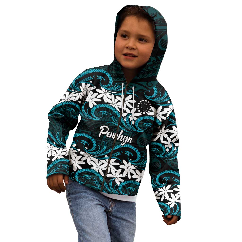Personalised Cook Islands Penrhyn Atoll Kid Hoodie Tiare Maori Polynesian Waves Tattoo