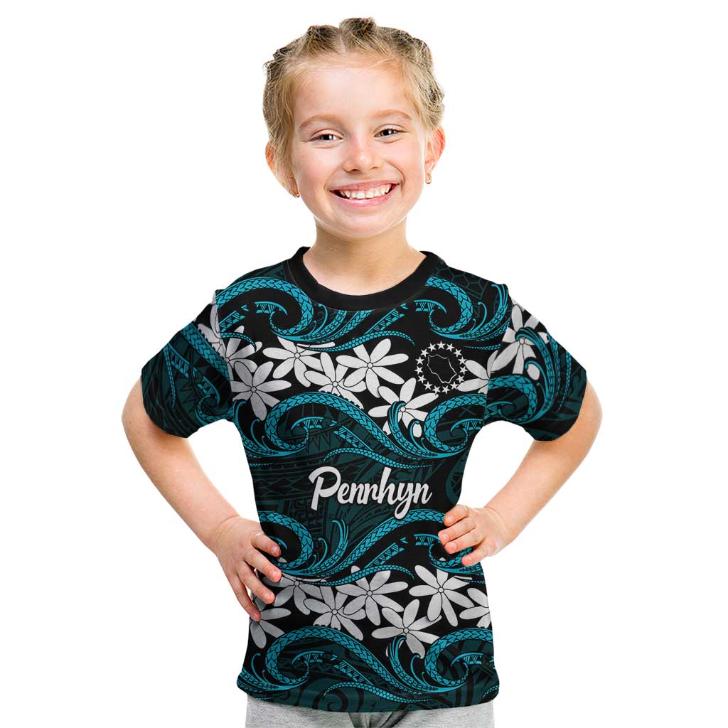 Personalised Cook Islands Penrhyn Atoll Kid T Shirt Tiare Maori Polynesian Waves Tattoo
