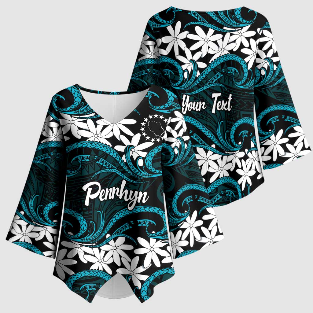 Personalised Cook Islands Penrhyn Atoll Kimono Sleeve Blouse Tiare Maori Polynesian Waves Tattoo