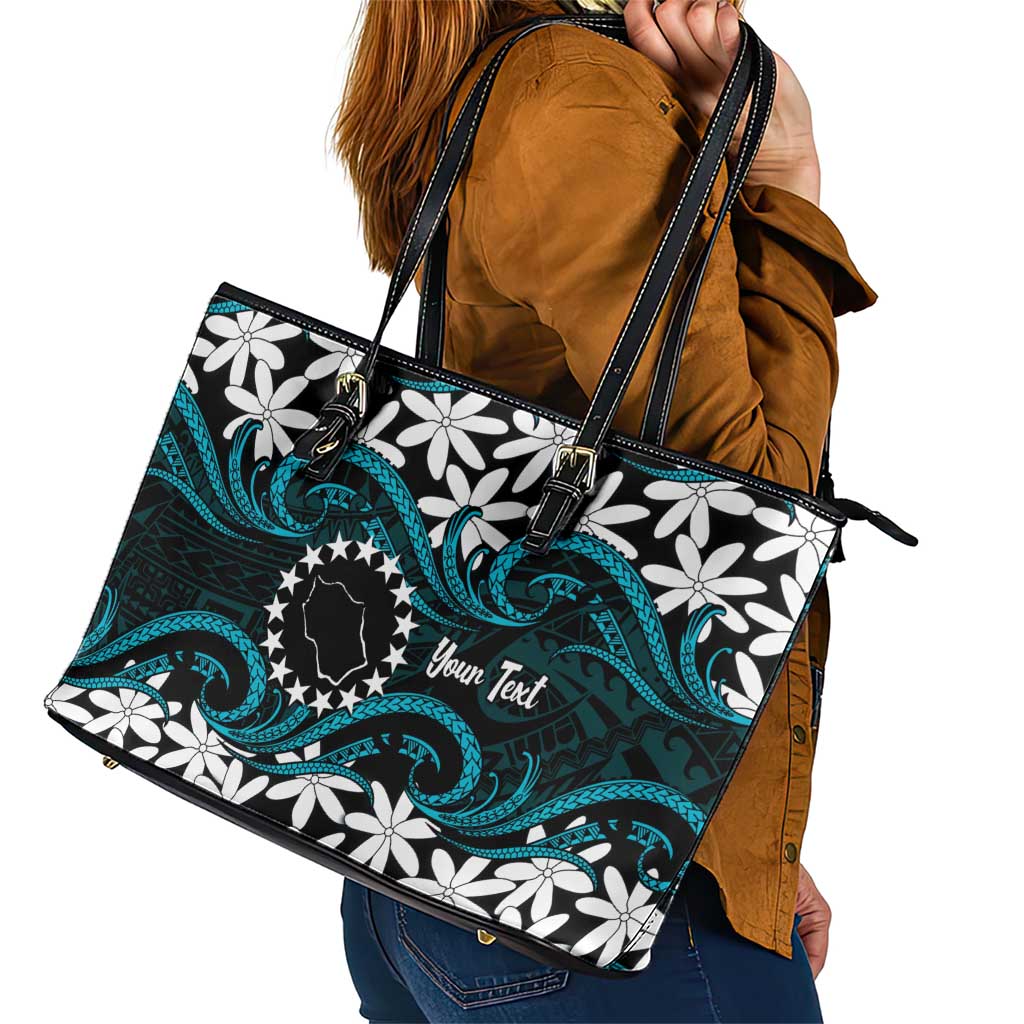 Personalised Cook Islands Penrhyn Atoll Leather Tote Bag Tiare Maori Polynesian Waves Tattoo