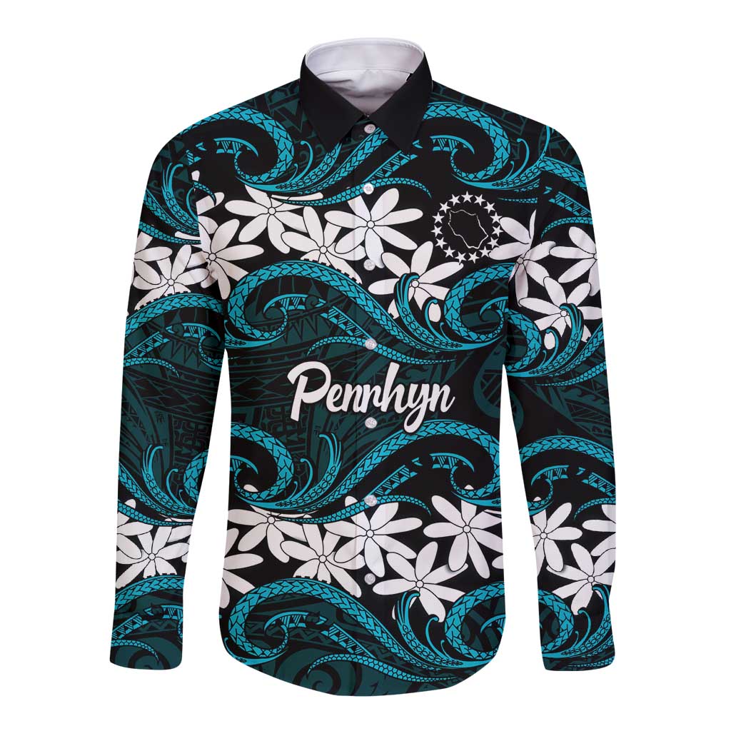 Personalised Cook Islands Penrhyn Atoll Long Sleeve Button Shirt Tiare Maori Polynesian Waves Tattoo