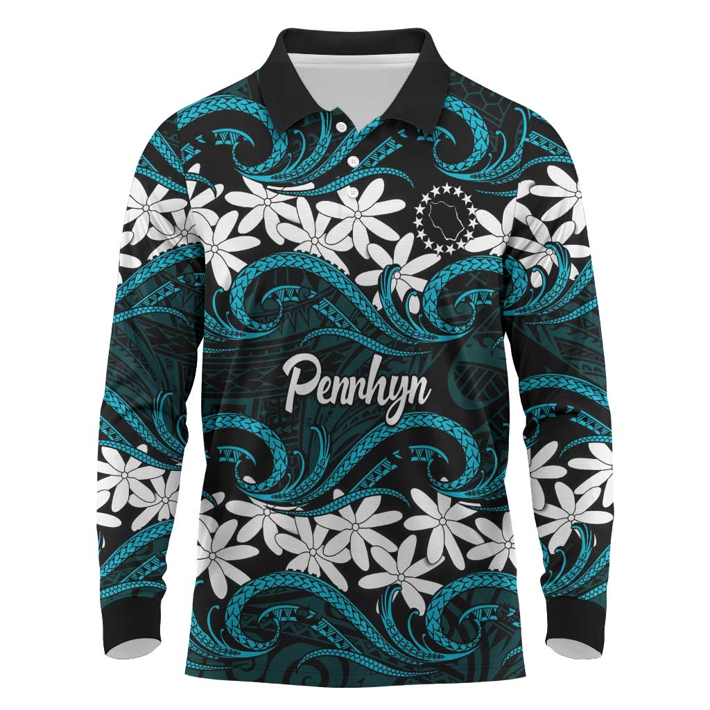 Personalised Cook Islands Penrhyn Atoll Long Sleeve Polo Shirt Tiare Maori Polynesian Waves Tattoo LT14 Blue - Polynesian Pride