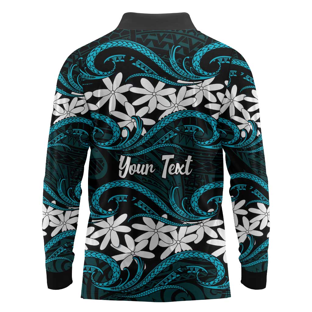Personalised Cook Islands Penrhyn Atoll Long Sleeve Polo Shirt Tiare Maori Polynesian Waves Tattoo LT14 - Polynesian Pride