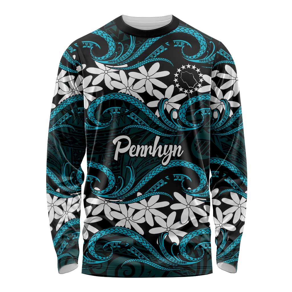 Personalised Cook Islands Penrhyn Atoll Long Sleeve Shirt Tiare Maori Polynesian Waves Tattoo