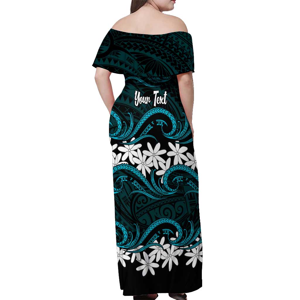 Personalised Cook Islands Penrhyn Atoll Off Shoulder Maxi Dress Tiare Maori Polynesian Waves Tattoo